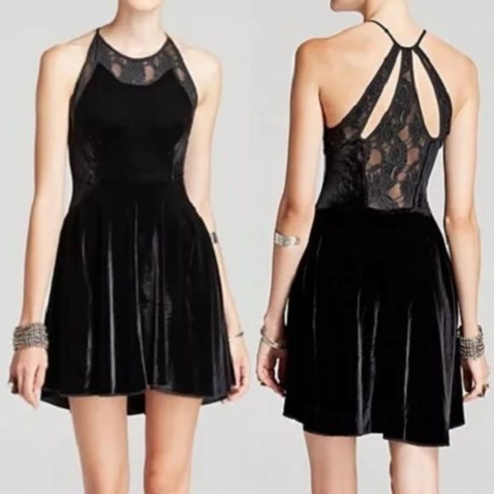Free People • Little Black Dress Velvet Lace Halter Neck Fit n Flare Skater